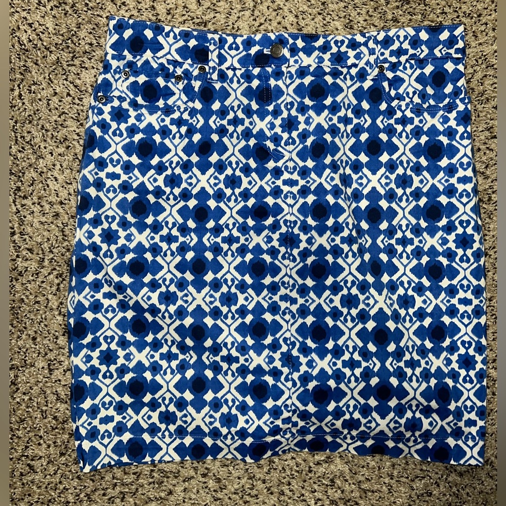 Jones New York Sport‎ Blue White Geometric Ikat Print Stretch Denim Skirt 12